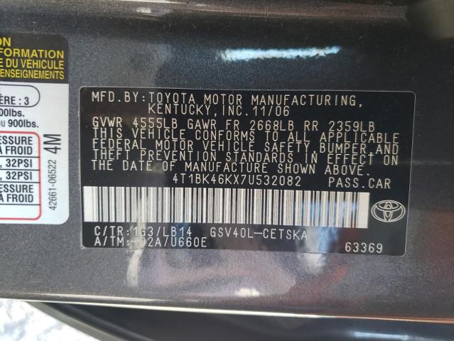 4T1BK46KX7U532082 - 2007 TOYOTA CAMRY LE GRAY photo 12