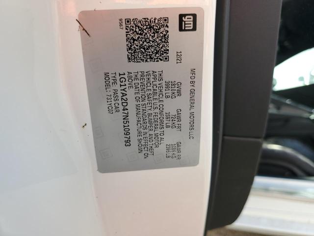 1G1YA2D47N5109793 - 2022 CHEVROLET CORVETTE STINGRAY 1LT WHITE photo 12