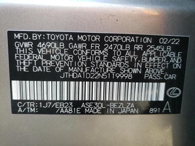 JTHDA1D22N5119998 - 2022 LEXUS IS 300 GRAY photo 12