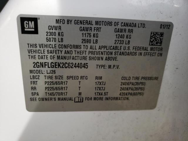 2GNFLGEK2C6244045 - 2012 CHEVROLET EQUINOX LTZ WHITE photo 14