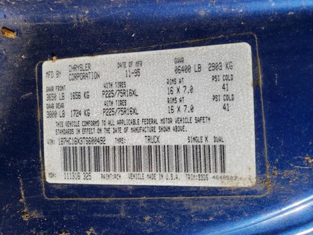 1B7HC16X3TS600492 - 1996 DODGE RAM 1500 BLUE photo 12