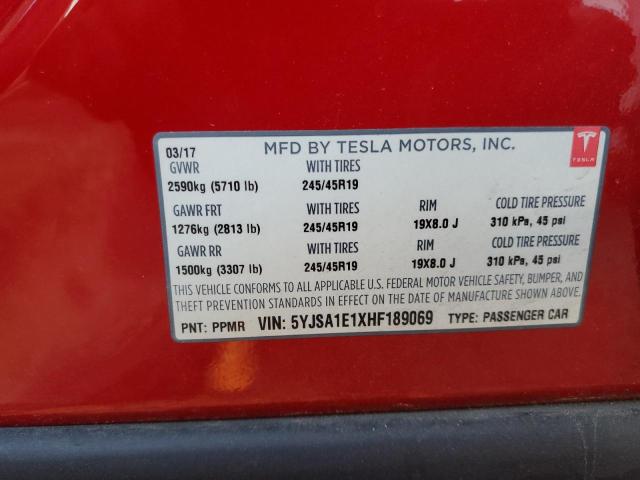 5YJSA1E1XHF189069 - 2017 TESLA MODEL S Կարմիր լուսանկար 12