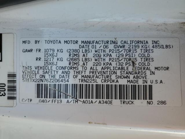 5TETX22N76Z206454 - 2006 TOYOTA TACOMA ACCESS CAB თეთრი ფოტო 12