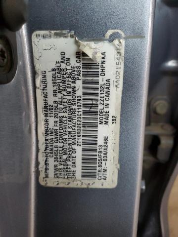 2T1KR32E23C110793 - 2003 TOYOTA COROLLA MA XR BLUE photo 12