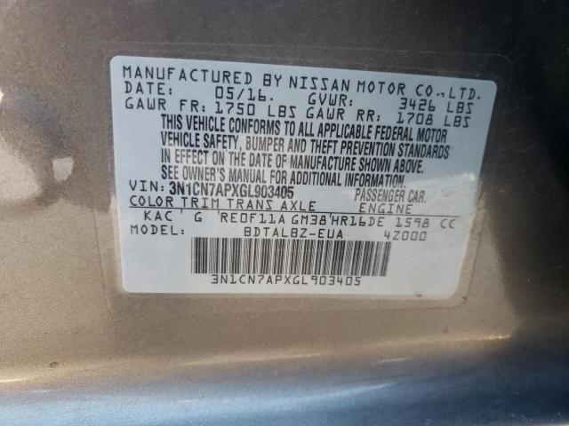 3N1CN7APXGL903405 - 2016 NISSAN VERSA S GRAY photo 12