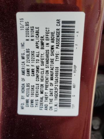 1HGCR2F37GA046608 - 2016 HONDA ACCORD LX BURGUNDY photo 13