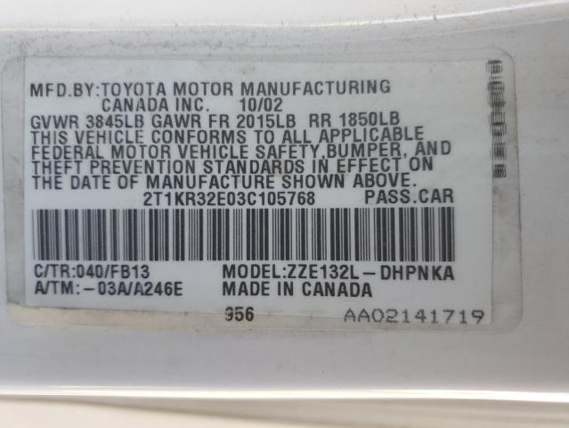 2T1KR32E03C105768 - 2003 TOYOTA COROLLA MA XR WHITE photo 12
