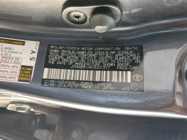 JTDKBRFU4G3021377 - 2016 TOYOTA PRIUS GRAY photo 12