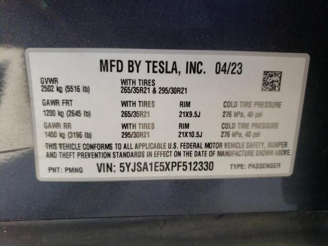 5YJSA1E5XPF512330 - 2023 TESLA MODEL S GRAY photo 12