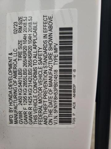 5FNYF8H53PB014518 - 2023 HONDA PASSPORT EXL WHITE photo 12