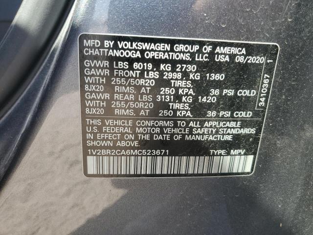 1V2BR2CA6MC523671 - 2021 VOLKSWAGEN ATLAS SEL GRAY photo 13