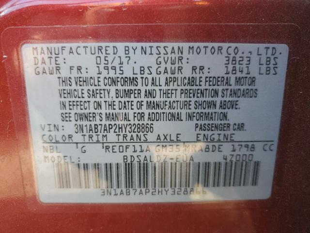 3N1AB7AP2HY328866 - 2017 NISSAN SENTRA S RED photo 12