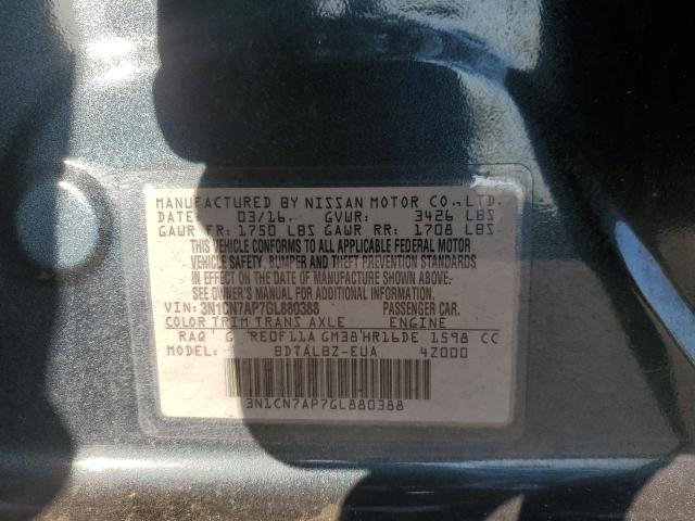 3N1CN7AP7GL880388 - 2016 NISSAN VERSA S BLUE photo 13