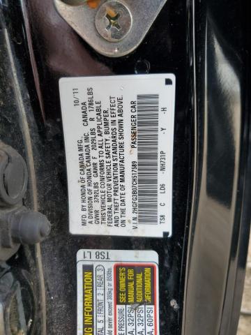 2HGFG3B07CH517589 - 2012 HONDA CIVIC EXL შავი ფოტო 12