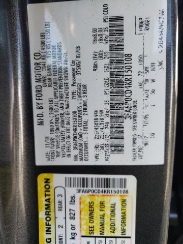 3FA6P0CD4KR150108 - 2019 FORD FUSION SEL GRAY photo 12