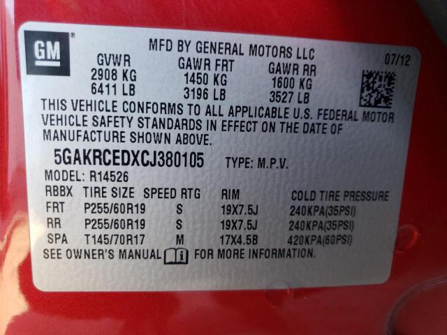 5GAKRCEDXCJ380105 - 2012 BUICK ENCLAVE RED photo 13