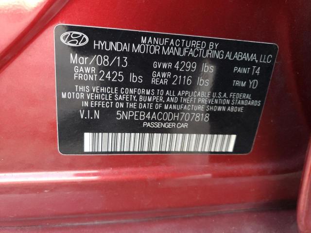 5NPEB4AC0DH707818 - 2013 HYUNDAI SONATA GLS RED photo 12