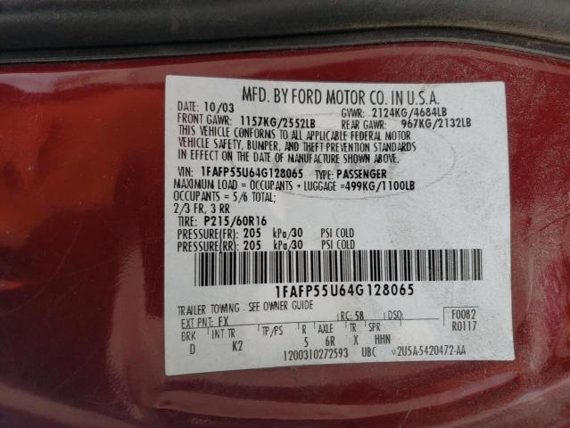 1FAFP55U64G128065 - 2004 FORD TAURUS SES MAROON photo 12