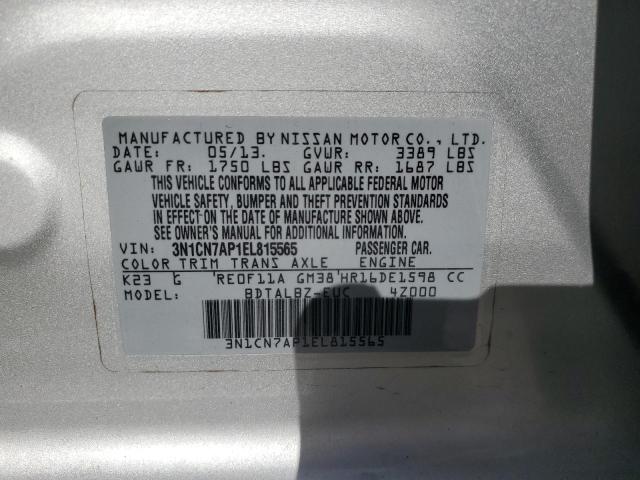 3N1CN7AP1EL815565 - 2014 NISSAN VERSA S GRAY photo 12