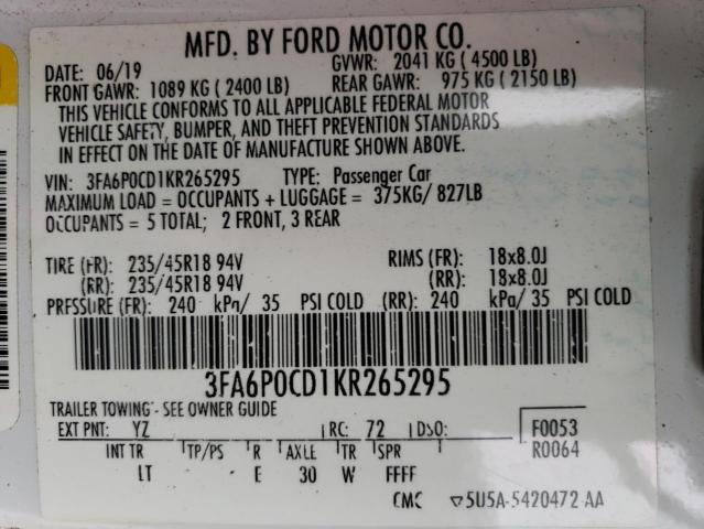 3FA6P0CD1KR265295 - 2019 FORD FUSION SEL WHITE photo 13