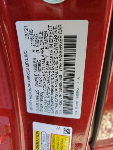 1HGCV1F16MA050908 - 2021 HONDA ACCORD LX RED photo 12