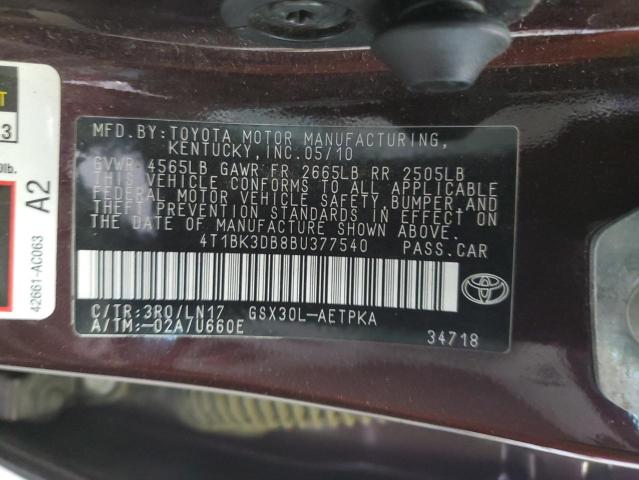 4T1BK3DB8BU377540 - 2011 TOYOTA AVALON BASE 勃艮第红 照片 12