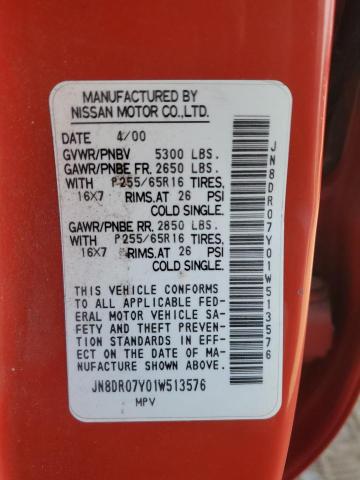 JN8DR07Y01W513576 - 2001 NISSAN PATHFINDER LE 红色 照片 13
