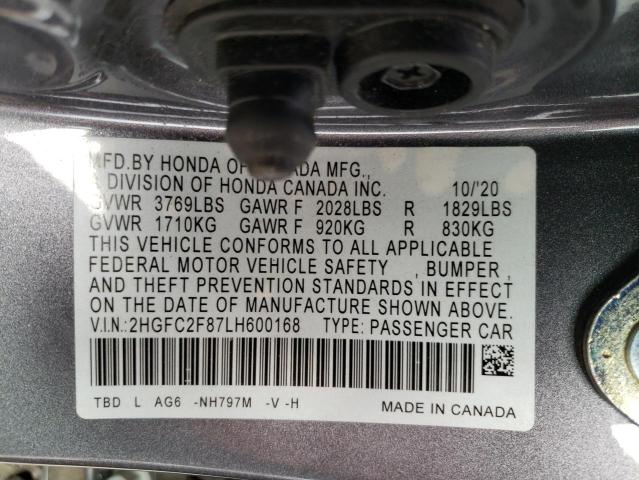 2HGFC2F87LH600168 - 2020 HONDA CIVIC SPORT ნაცრისფერი ფოტო 12