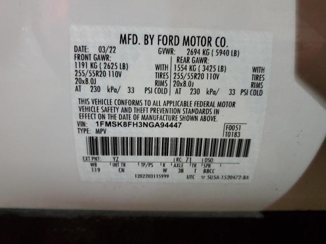 1FMSK8FH3NGA94447 - 2022 FORD EXPLORER LIMITED WHITE photo 14