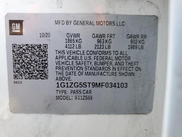 1G1ZG5ST9MF034103 - 2021 CHEVROLET MALIBU RS 白色 照片 12