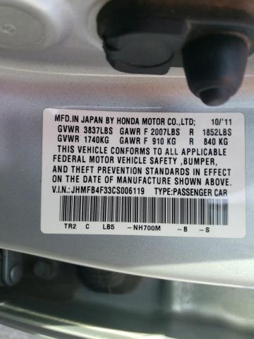 JHMFB4F33CS006119 - 2012 HONDA CIVIC HYBRID L SILVER photo 12