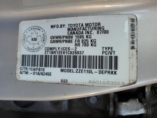 2T1BR12E61C826937 - 2001 TOYOTA COROLLA CE GRAY photo 12