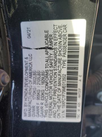 19XFC1F79ME013502 - 2021 HONDA CIVIC EXL შავი ფოტო 12