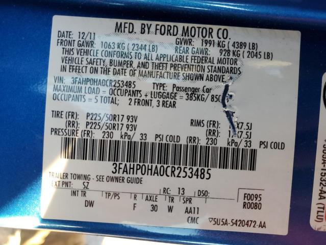 3FAHP0HA0CR253485 - 2012 FORD FUSION SE BLUE photo 12