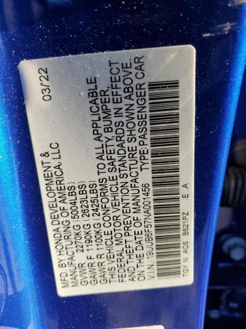 19UUB6F57NA001456 - 2022 ACURA TLX TECH A BLUE photo 13