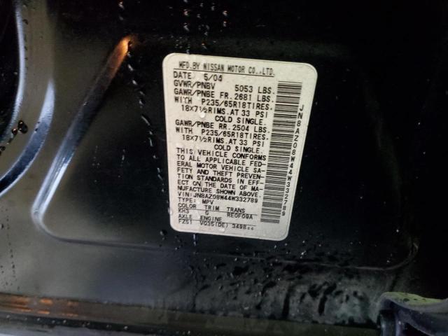 JN8AZ08W44W332789 - 2004 NISSAN MURANO SL BLACK photo 12