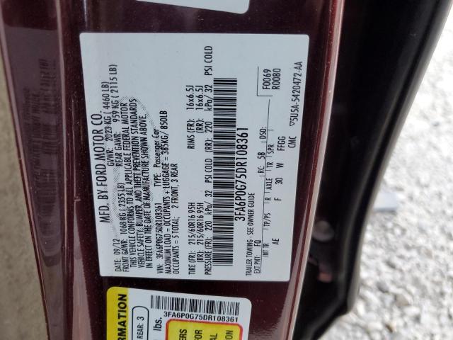 3FA6P0G75DR108361 - 2013 FORD FUSION S MAROON photo 12