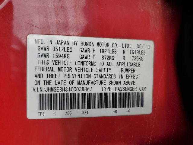 JHMGE8H31CC038867 - 2012 HONDA FIT RED photo 12