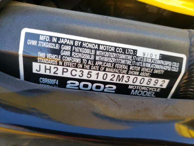 JH2PC35102M300892 - 2002 HONDA CBR600 F4 YELLOW photo 10