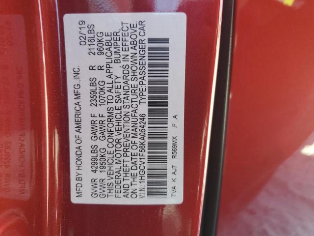 1HGCV1F56KA054246 - 2019 HONDA ACCORD EXL RED photo 12