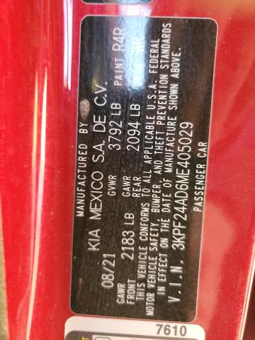 3KPF24AD6ME405029 - 2021 KIA FORTE FE RED photo 12