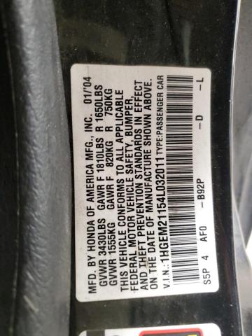 1HGEM21154L032011 - 2004 HONDA CIVIC DX VP أسود صورة 12
