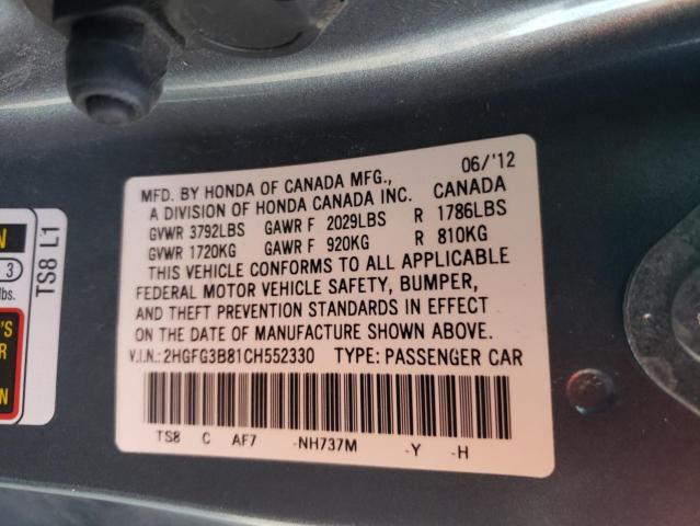 2HGFG3B81CH552330 - 2012 HONDA CIVIC EX GRAY photo 12