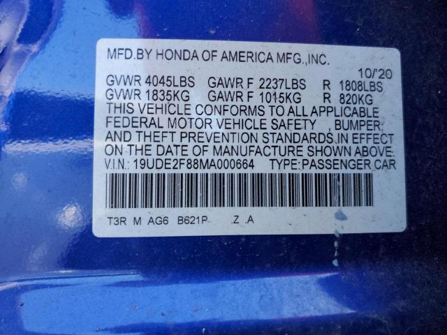 19UDE2F88MA000664 - 2021 ACURA ILX PREMIUM A-SPEC BLUE photo 12