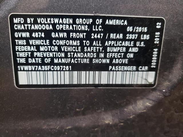 1VWBV7A35FC097261 - 2015 VOLKSWAGEN PASSAT SE GRAY photo 13