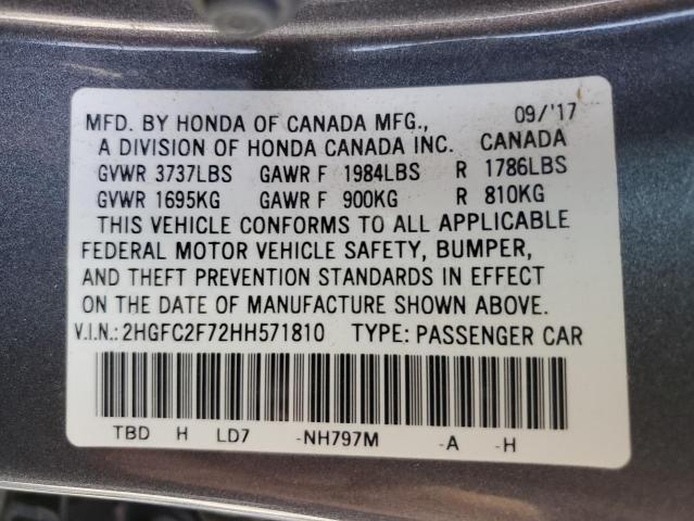 2HGFC2F72HH571810 - 2017 HONDA CIVIC EX GRAY photo 13