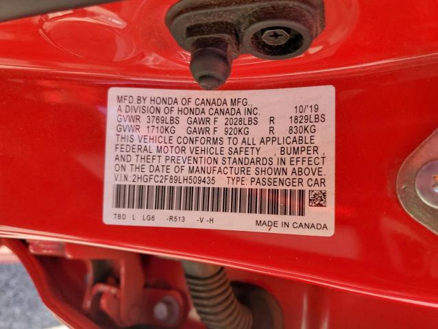 2HGFC2F89LH509435 - 2020 HONDA CIVIC SPORT RED photo 12
