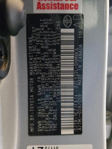 2T1KR32E48C694573 - 2008 TOYOTA COROLLA MA XR SILVER photo 12