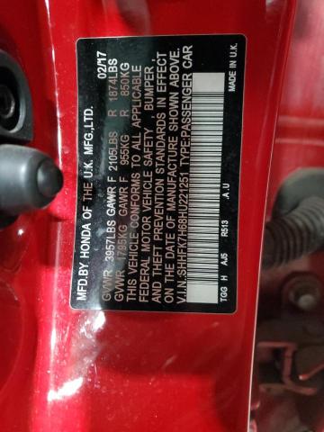 SHHFK7H68HU221251 - 2017 HONDA CIVIC EX RED photo 12