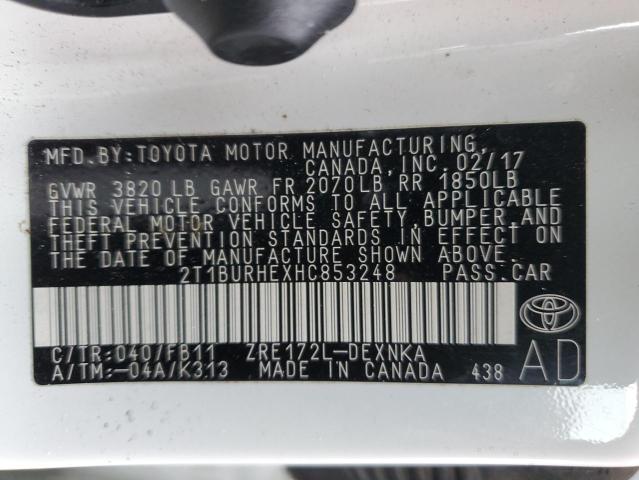 2T1BURHEXHC853248 - 2017 TOYOTA COROLLA L WHITE photo 12